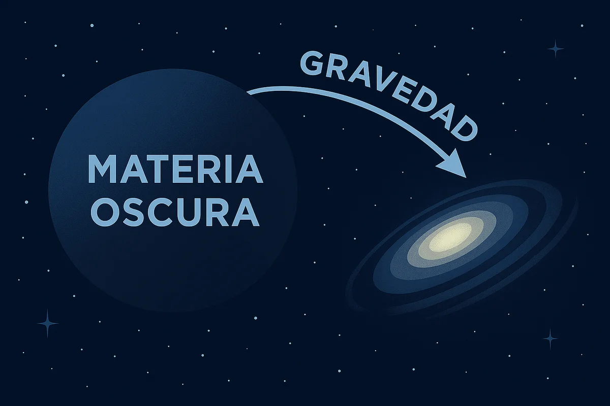 Ilustración de la materia oscura atraída por la gravedad hacia una galaxia luminosa