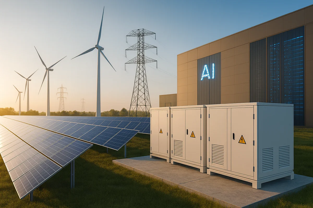 Instalación de energía renovable con paneles solares y turbinas eólicas que alimentan un centro de datos