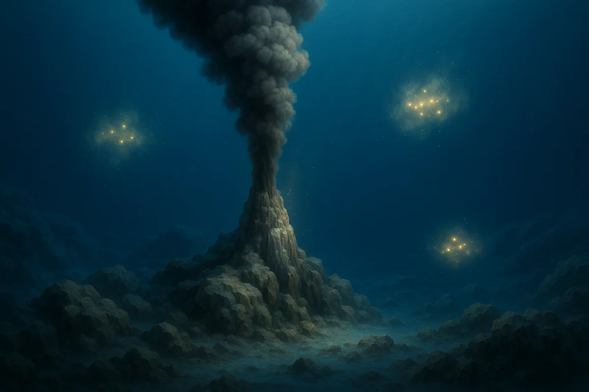 Respiradero hidrotermal emitiendo una columna oscura sobre un fondo oceánico, con nubes químicas brillantes alrededor