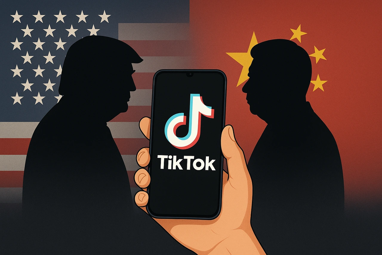 Teléfono con el logo de TikTok sostenido por una mano, con las siluetas de Trump y Xi al fondo junto a las banderas de EE. UU. y China