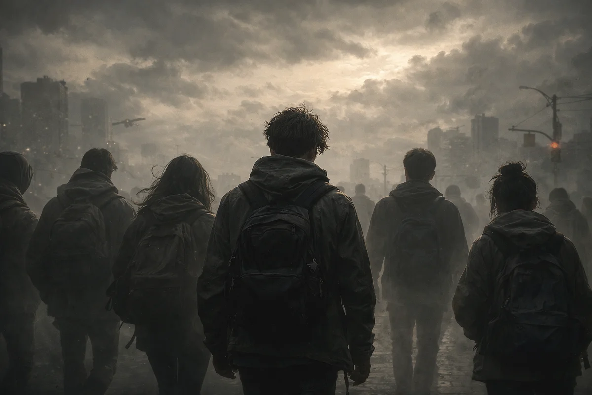 Grupo de jóvenes caminando por una ciudad gris bajo un cielo nublado