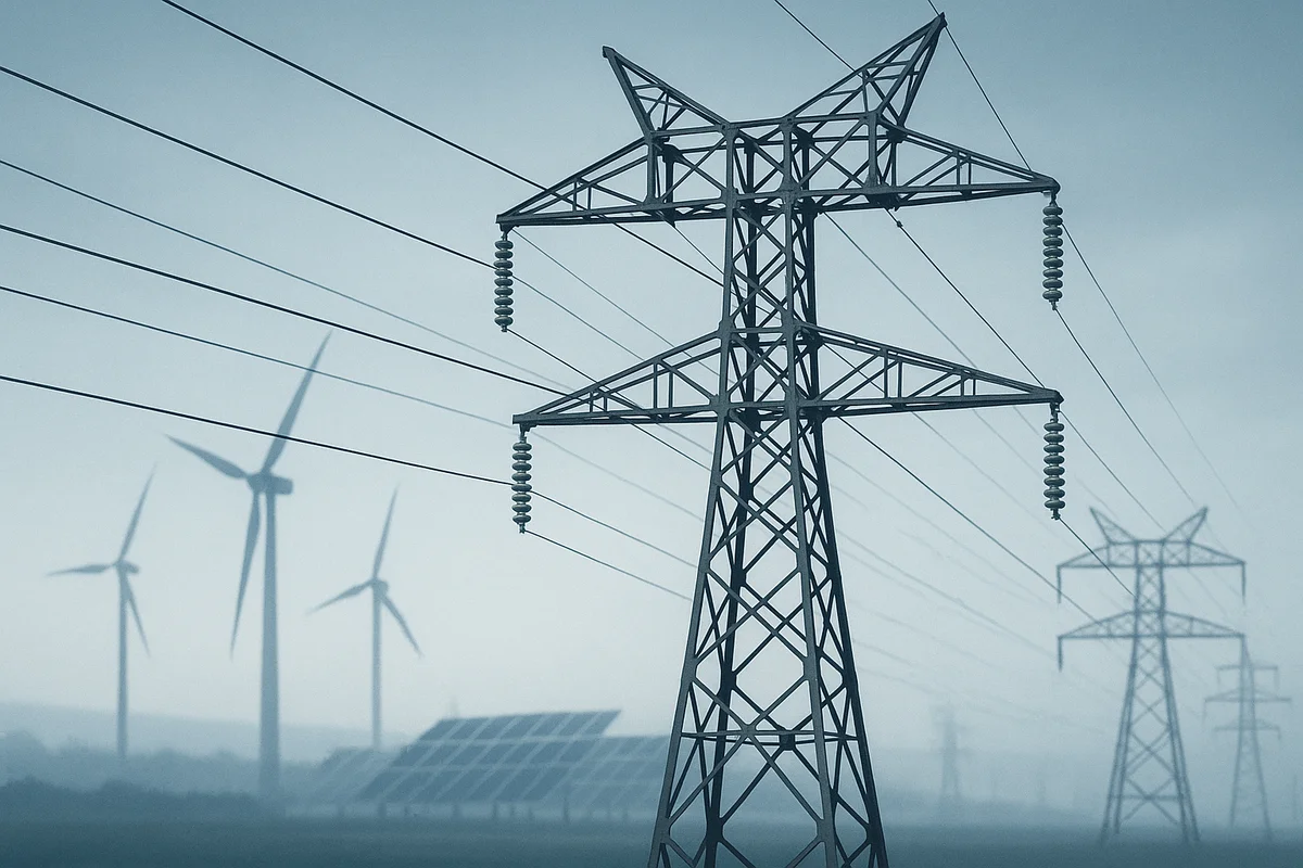 Torre de alta tensión con líneas eléctricas y aerogeneradores difuminados al fondo