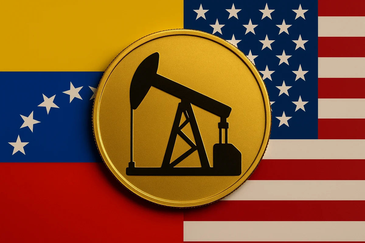 Moneda dorada con símbolo petrolero sobre las banderas de Venezuela y EE. UU., representando el petróleo como intercambio entre ambos países