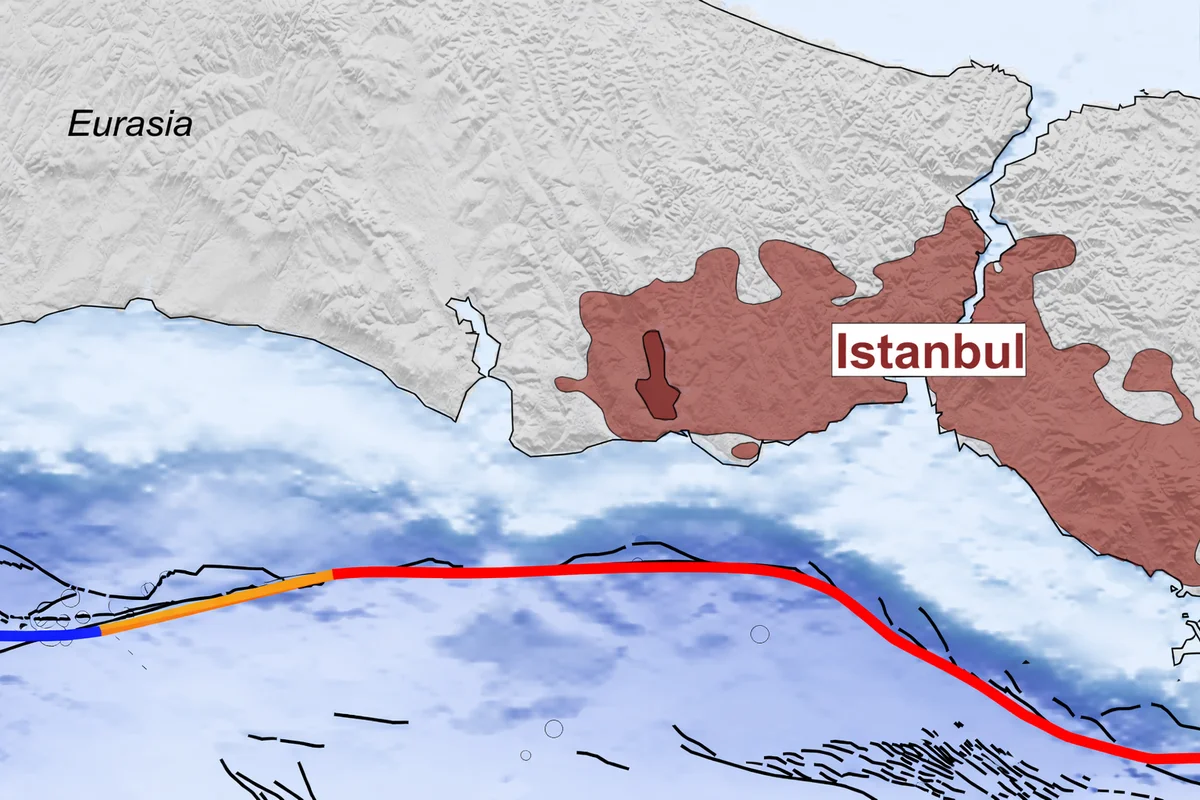 Mapa de la falla del mar de Mármara con la secuencia sísmica frente a Estambul