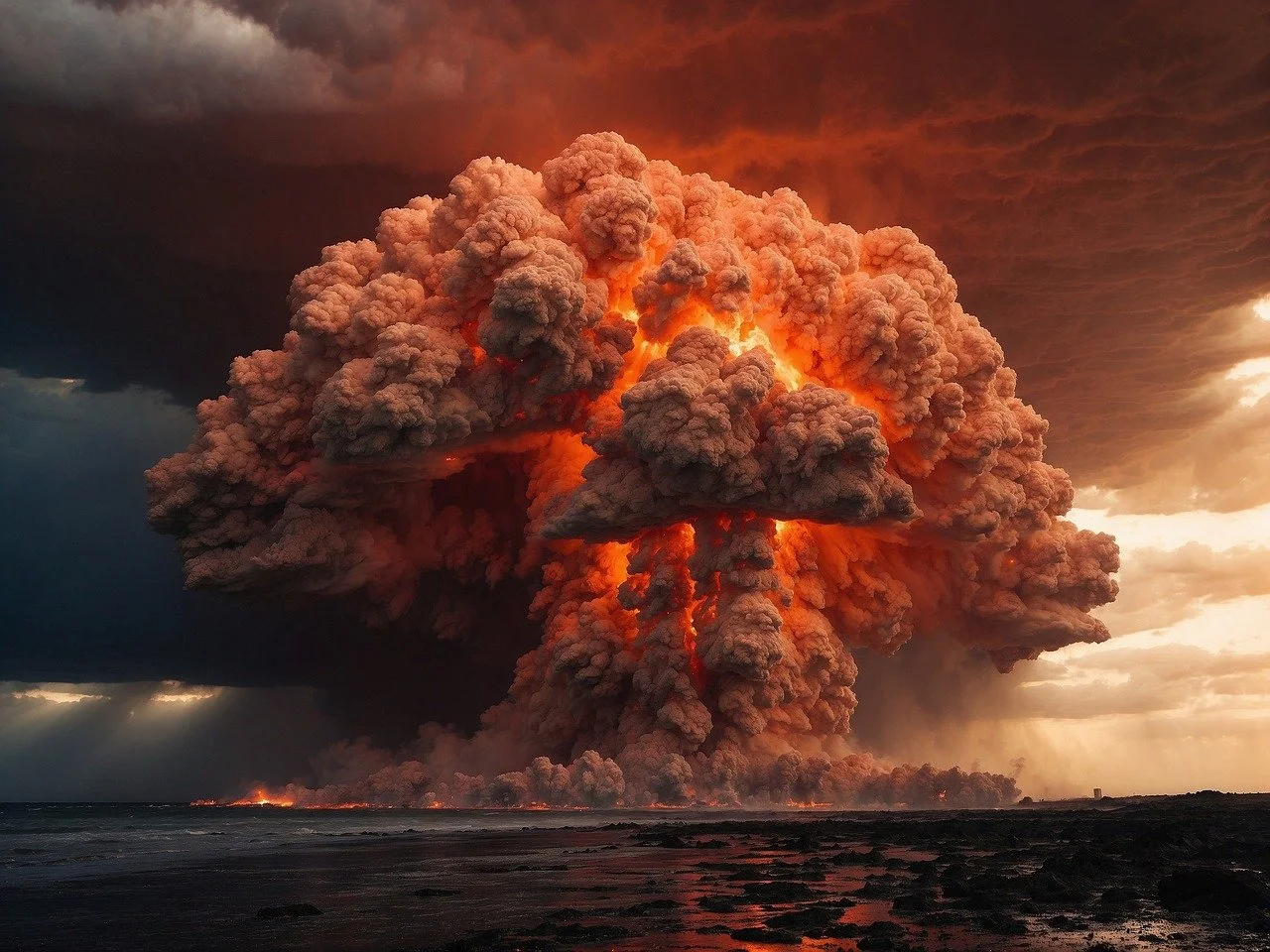 Explosión nuclear representativa, evocando el impacto devastador de las bombas atómicas en Hiroshima y Nagasaki, agosto de 1945.