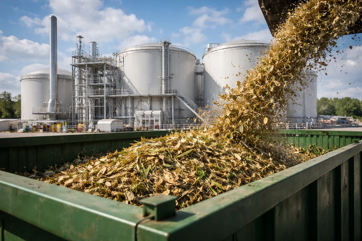Planta moderna de bioenergía con biomasa vegetal triturada en primer plano