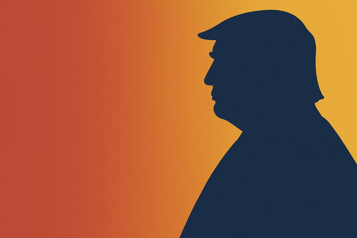 Silueta oscura de Donald Trump sobre un fondo degradado en tonos naranja y amarillo