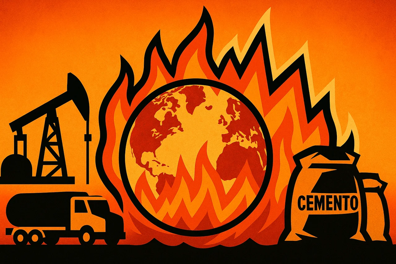 Ilustración del planeta Tierra en llamas por petróleo y cemento