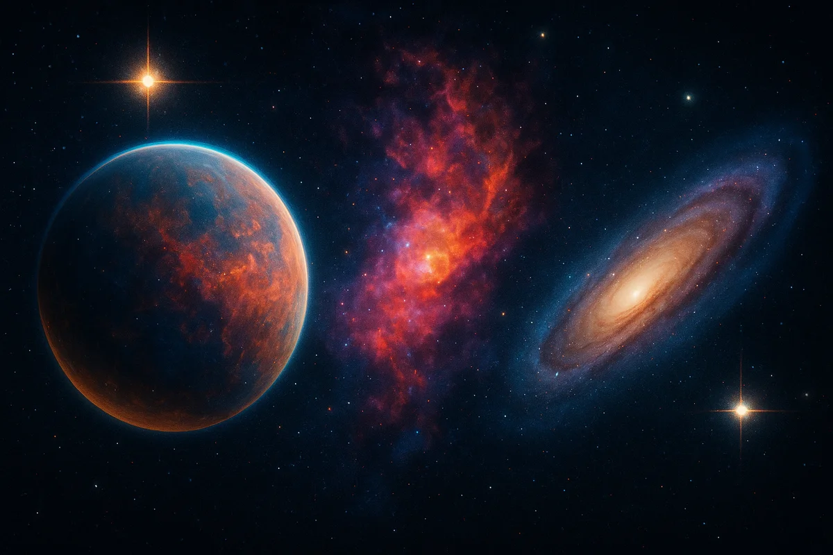 Planeta, nebulosa y galaxia distorsionados por efectos ópticos en una escena espacial