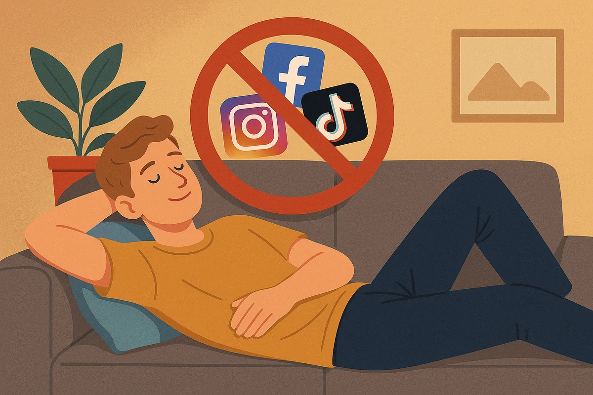 Una persona joven deja el móvil a un lado mientras una figura luminosa de redes sociales desaparece, simbolizando alivio mental tras una semana desconectado