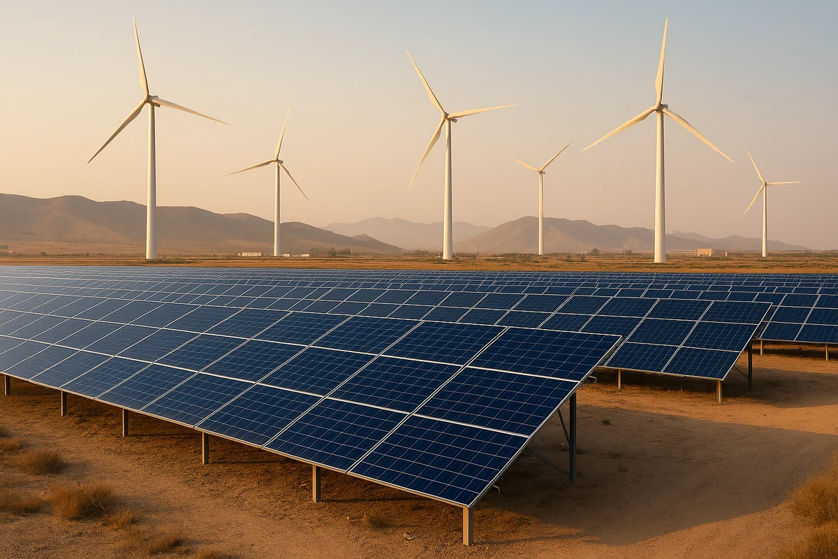Campo solar y molinos eólicos en un paisaje árido de China al atardecer