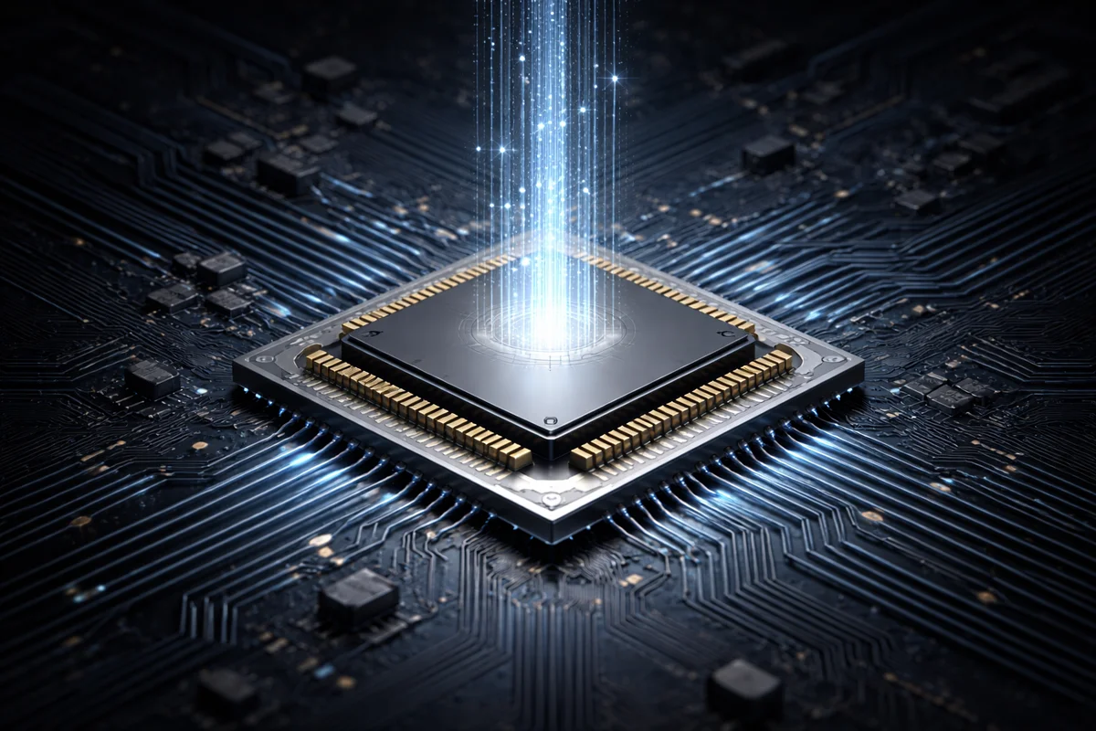 Chip visto desde arriba sobre una placa base