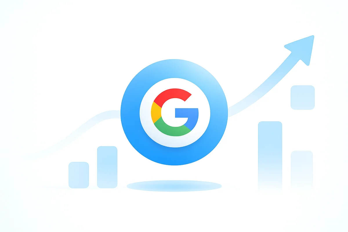 Logo de Google sobre un fondo azul con gráficos de tendencia ascendente