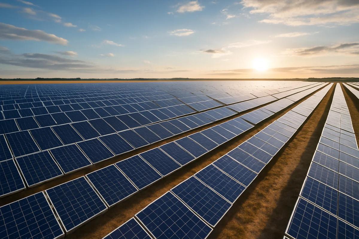 Amplio campo de paneles solares extendido hacia el horizonte al amanecer