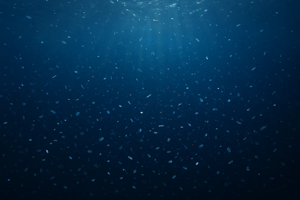 Vista submarina con microplásticos suspendidos iluminados por haces de luz desde la superficie