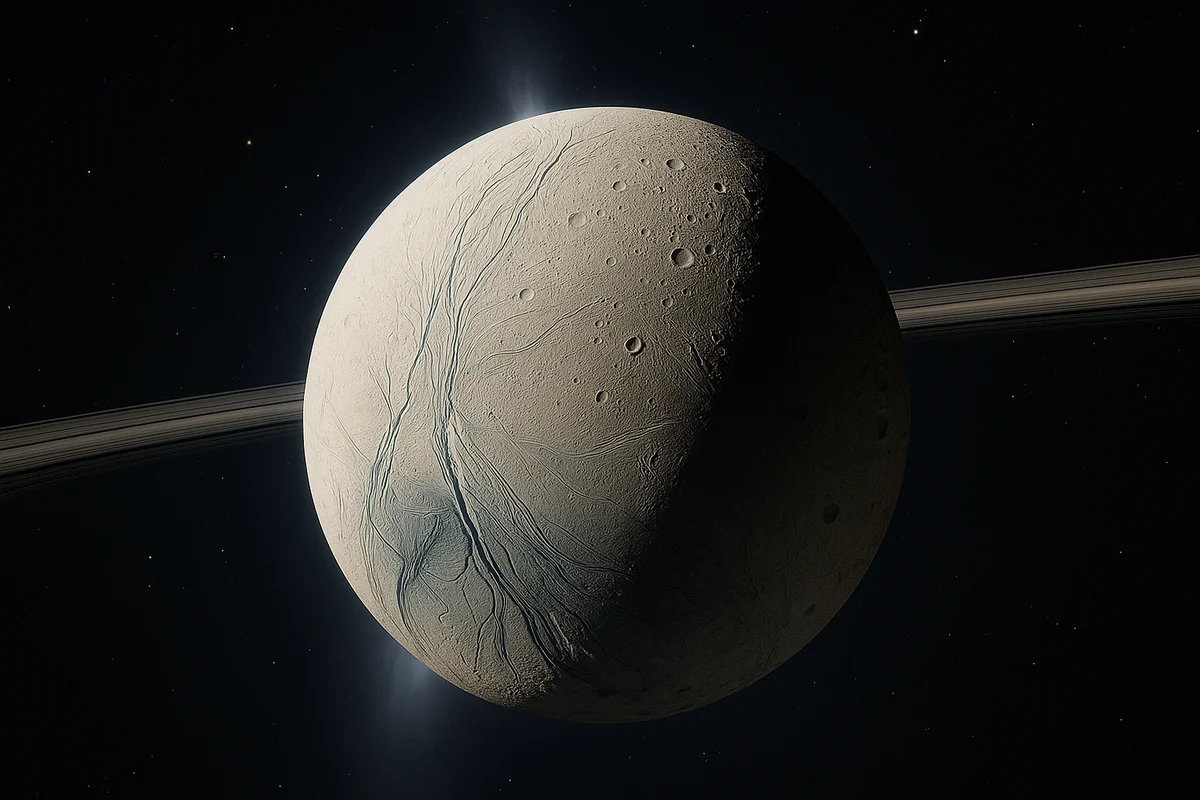 Encélado, la luna helada de Saturno, mostrando su superficie con grietas, plumas de vapor en el polo sur y los anillos de Saturno al fondo