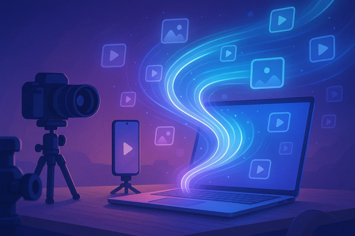 Escritorio con cámara, móvil y laptop desde la que emergen flujos luminosos que generan imágenes y vídeos de forma automática