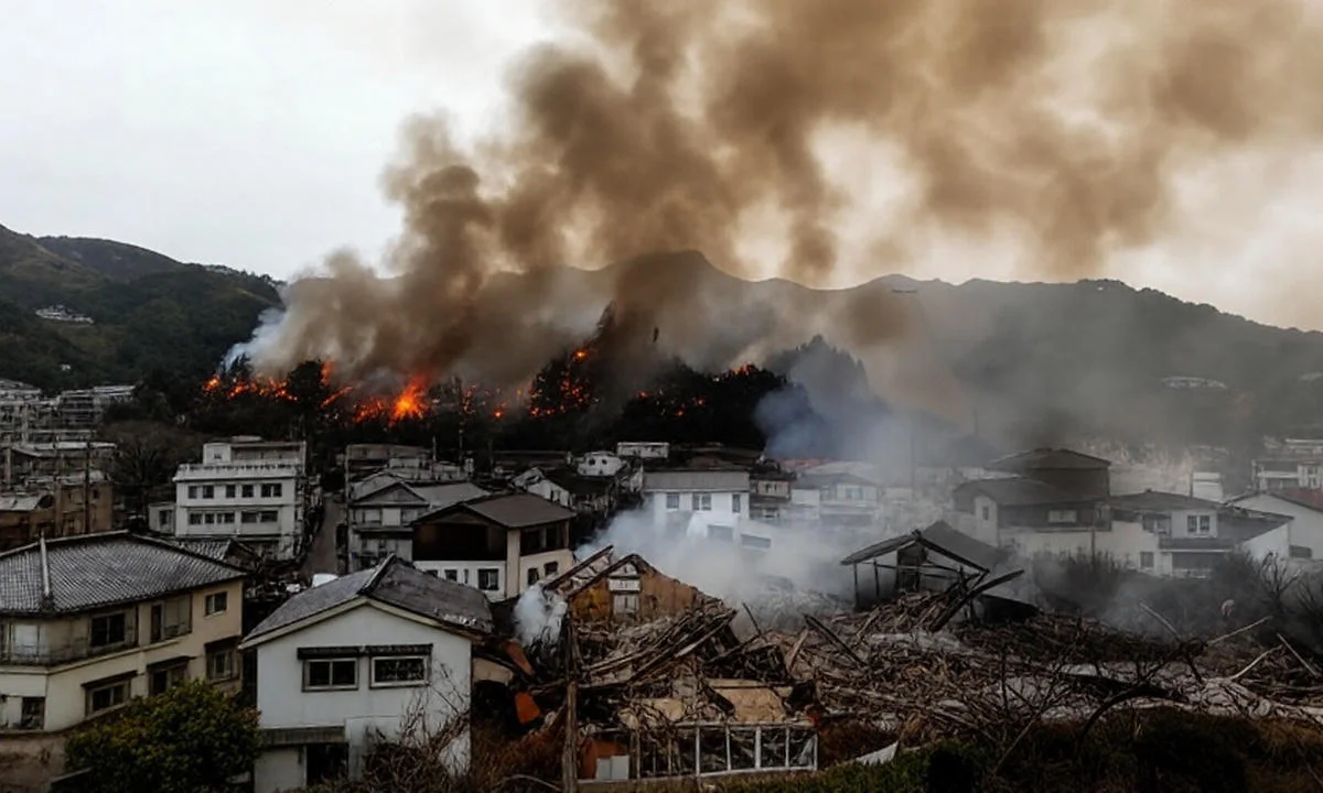Vista aérea de un barrio, Japón, arrasado por un incendio masivo, con casas destruidas, humo espeso y llamas aún activas en la ladera cercana