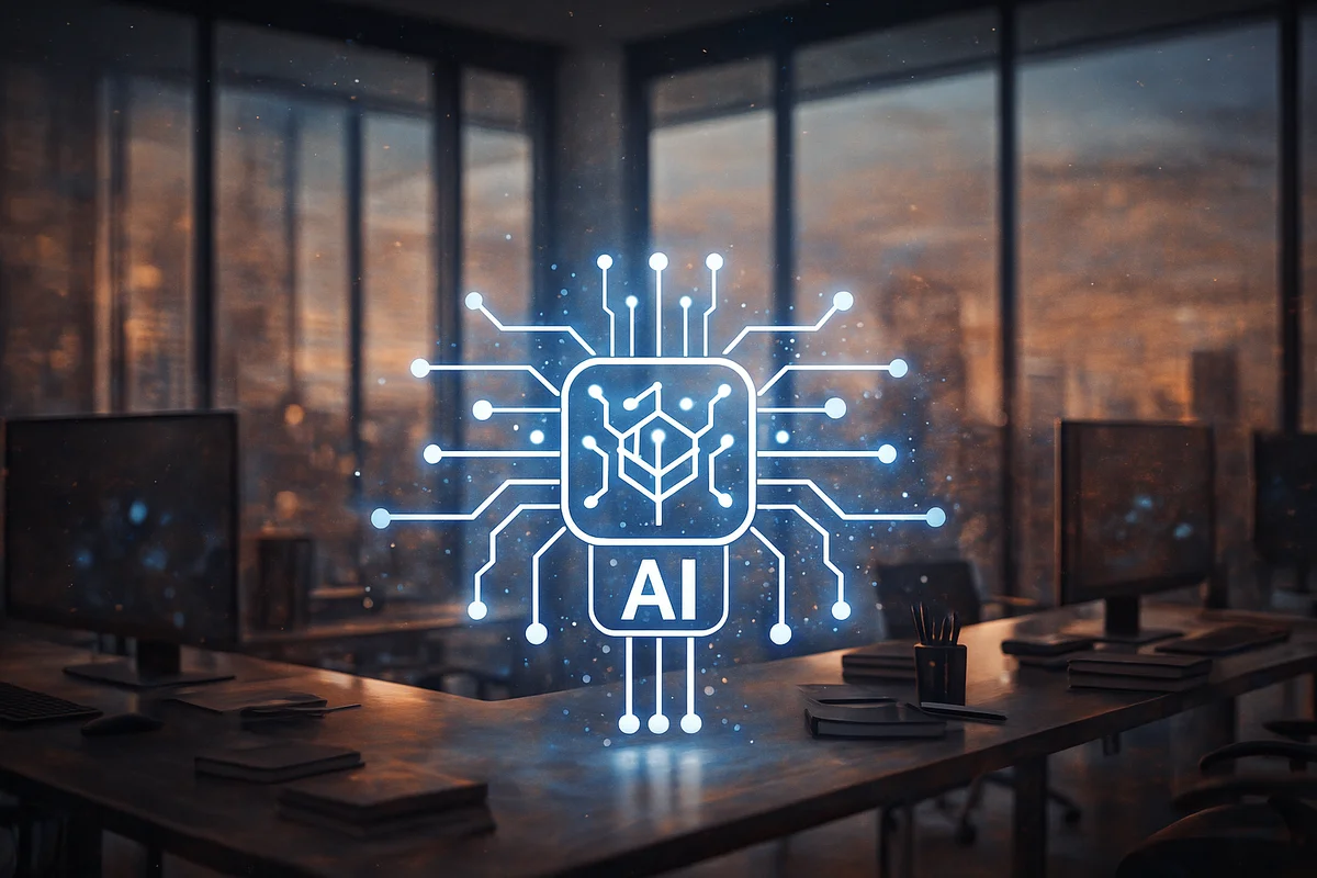 Ilustración de un entorno de oficina con un símbolo de inteligencia artificial brillando en el centro