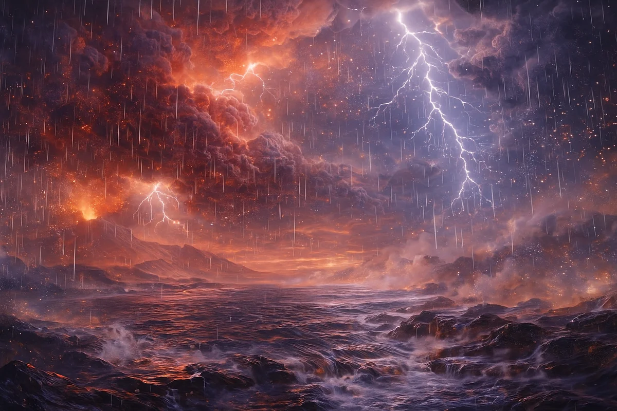 Paisaje de la Tierra primitiva con nubes volcánicas rojizas, relámpagos y lluvia cayendo sobre océanos calientes