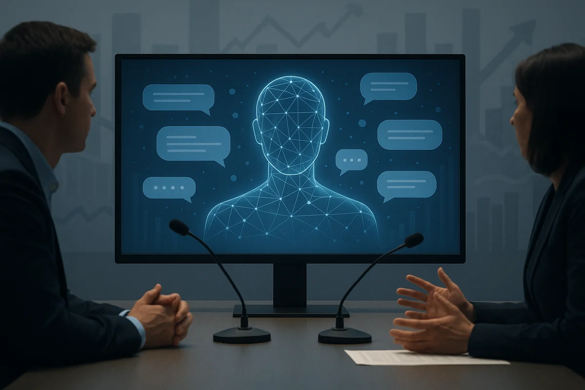 Dos personas debaten frente a una pantalla que muestra una figura digital de IA rodeada de burbujas de diálogo