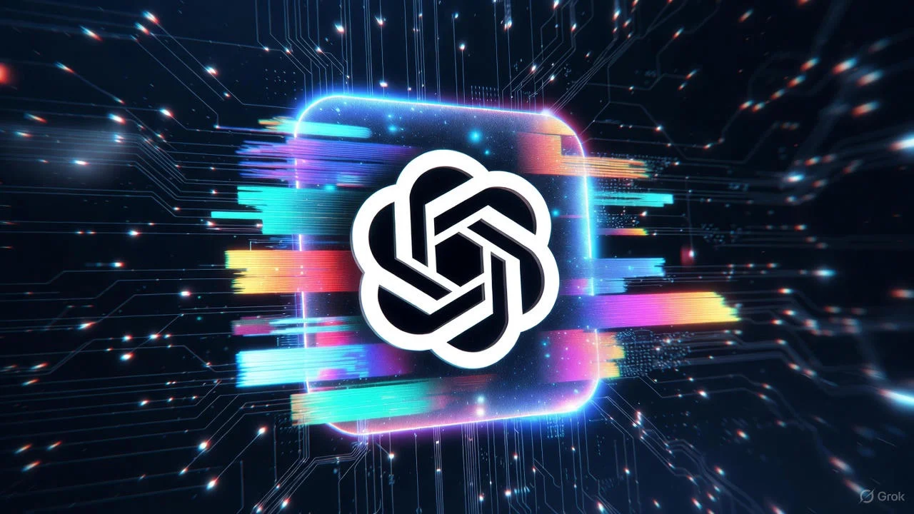 Logotipo de OpenAI con efectos de luz y colores sobre un fondo tecnológico