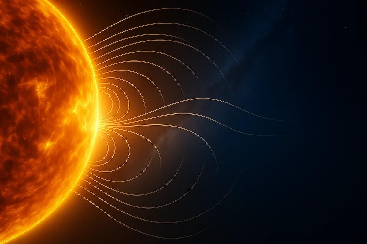 Superficie del Sol con líneas de campo magnético curvadas extendiéndose hacia el espacio