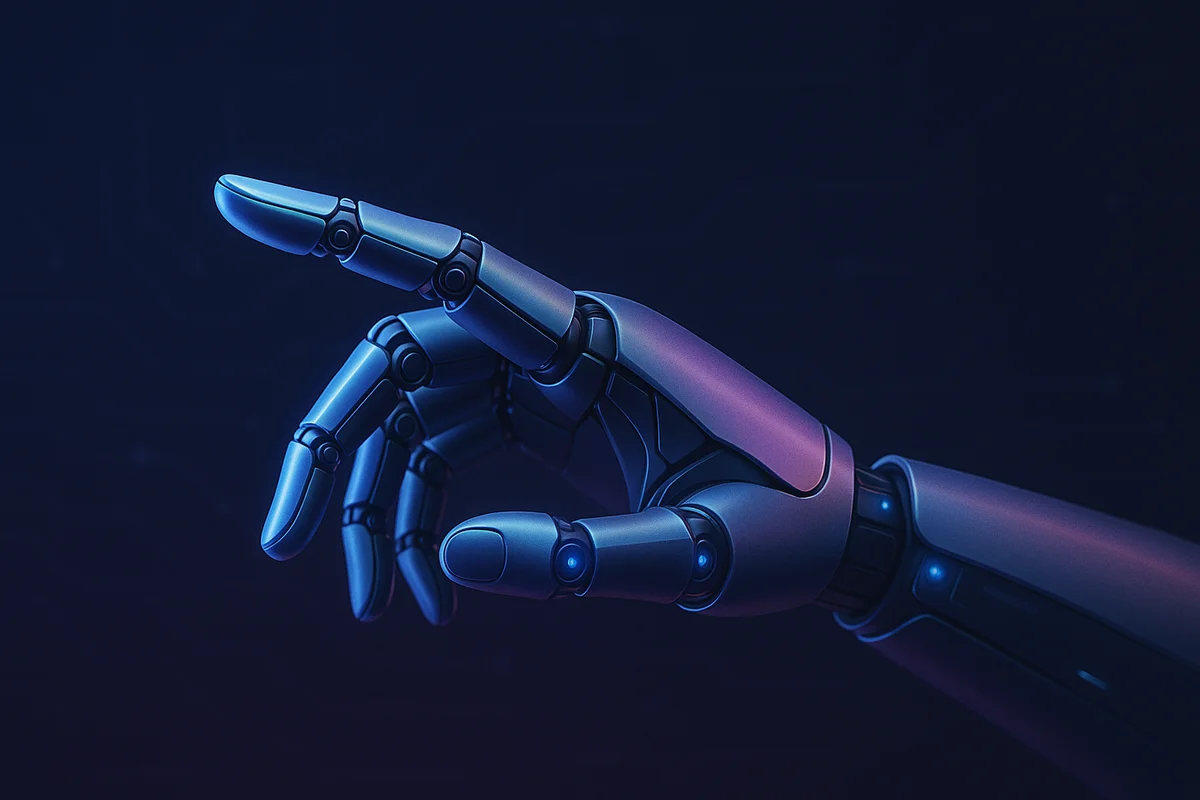 Mano robótica metálica extendida hacia adelante, iluminada con tonos azules y púrpuras sobre un fondo oscuro con luces sutiles