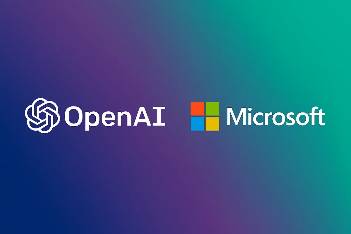 Logotipos de OpenAI y Microsoft sobre un fondo degradado en tonos azul, violeta y verde
