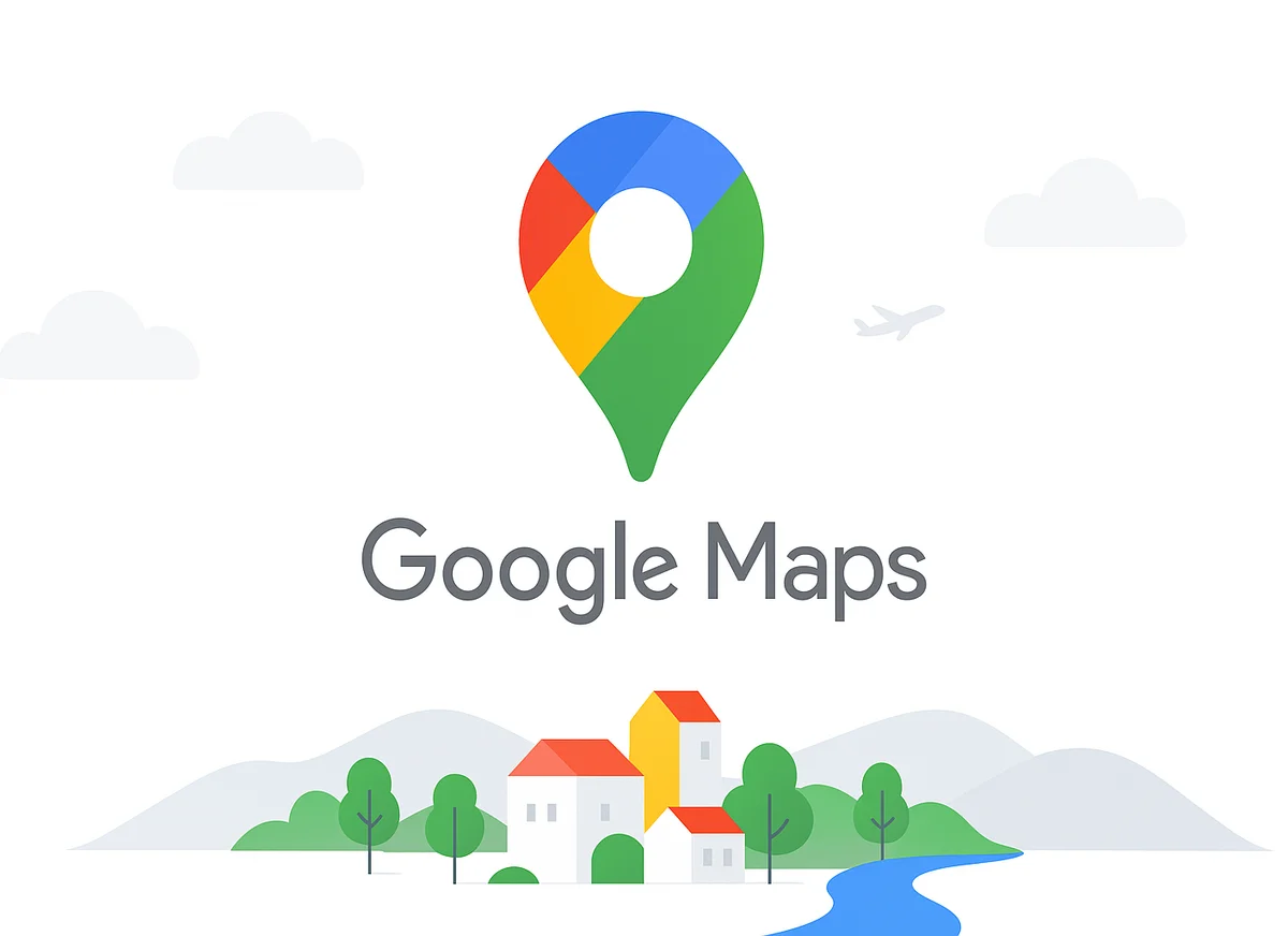 Logotipo de Google Maps sobre un fondo ilustrado con casas, árboles y montañas