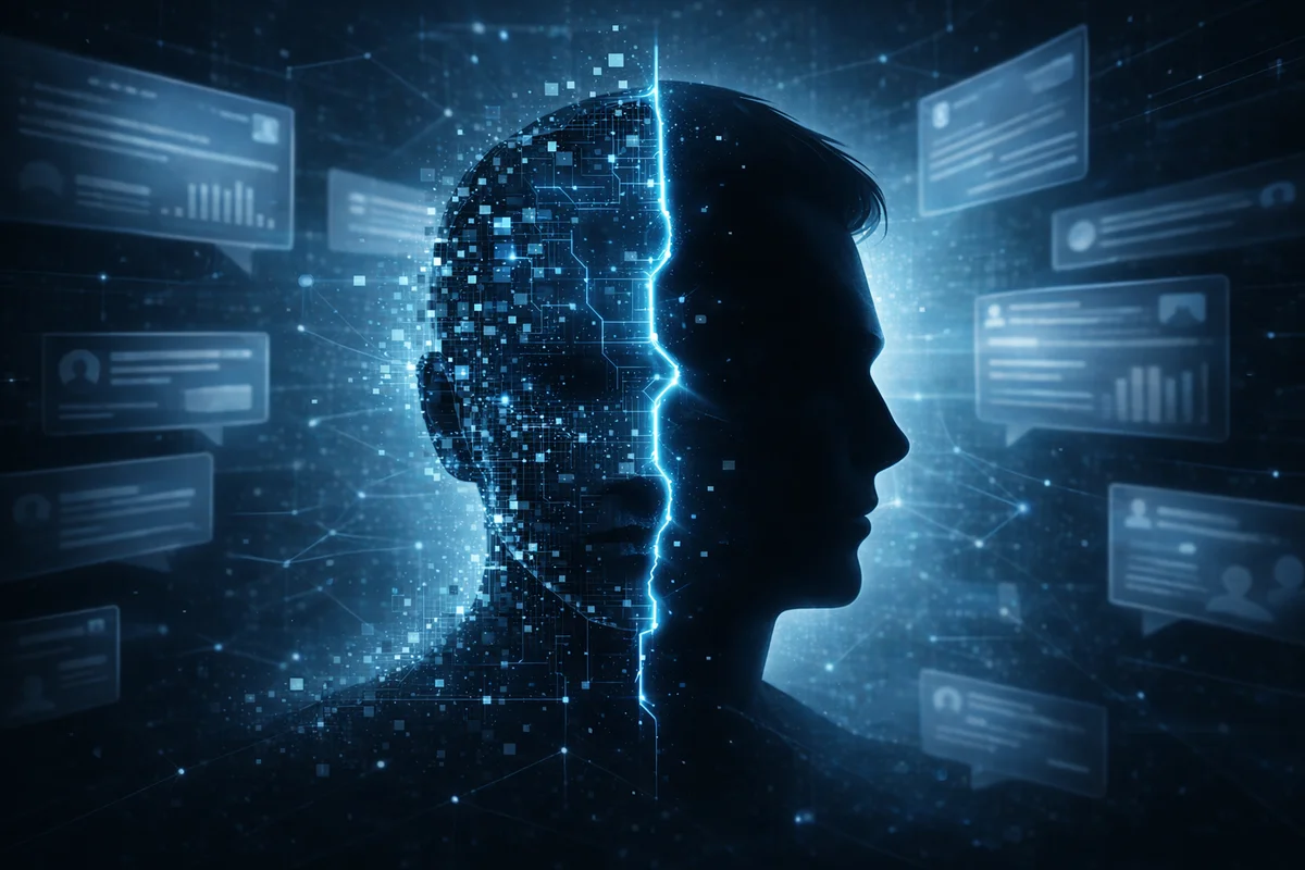 Silueta humana dividida entre rostro real y versión digital rodeada de datos y elementos tecnológicos