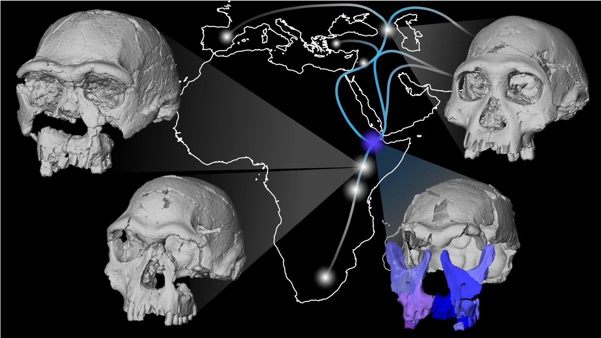Mapa con rutas migratorias de Homo erectus y fósiles clave en África, Europa y Asia