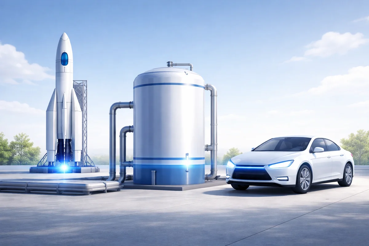 Ilustración de cohete, tanque y coche de hidrógeno en un entorno limpio