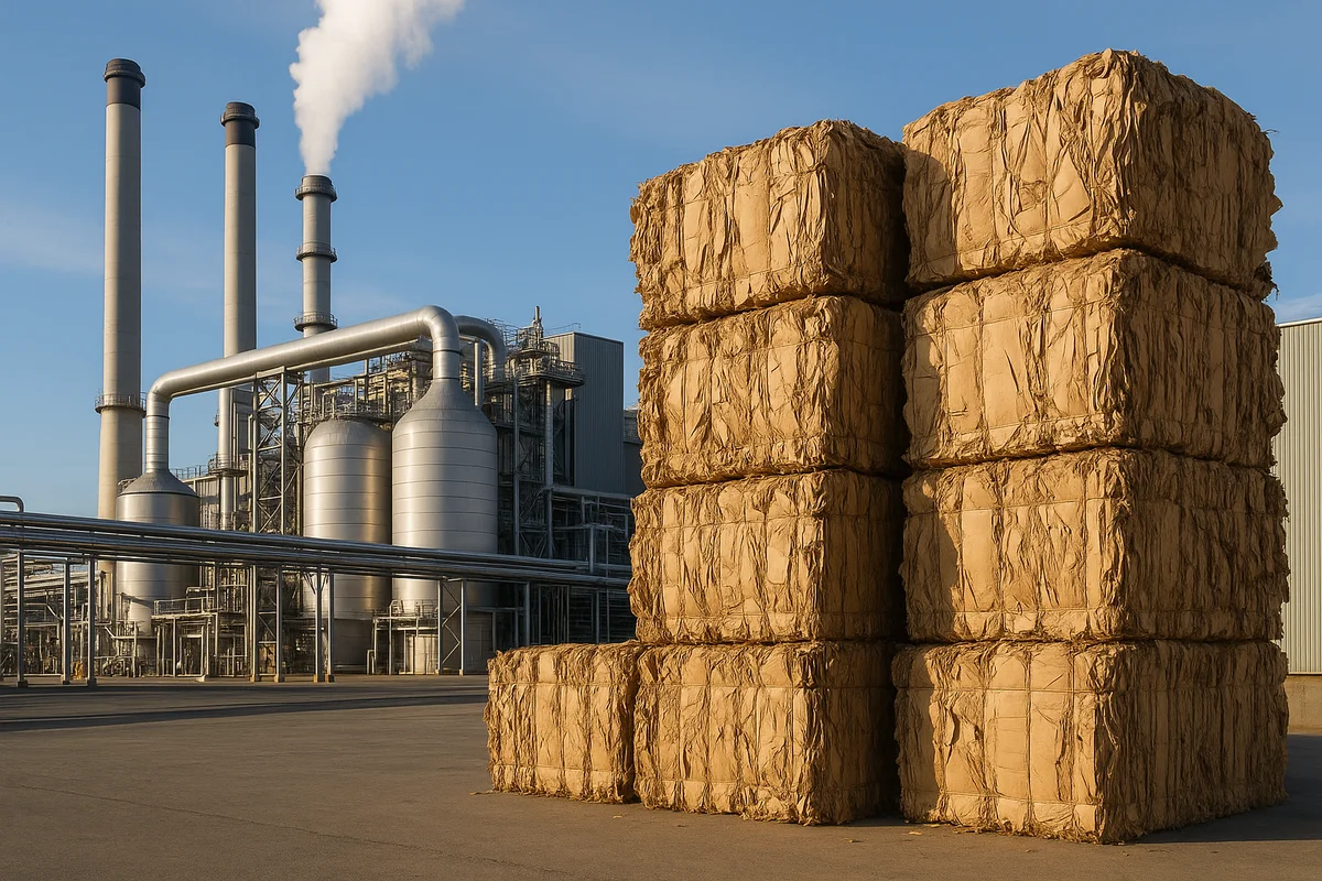 Montones de cartón prensado en primer plano, con una planta industrial moderna al fondo
