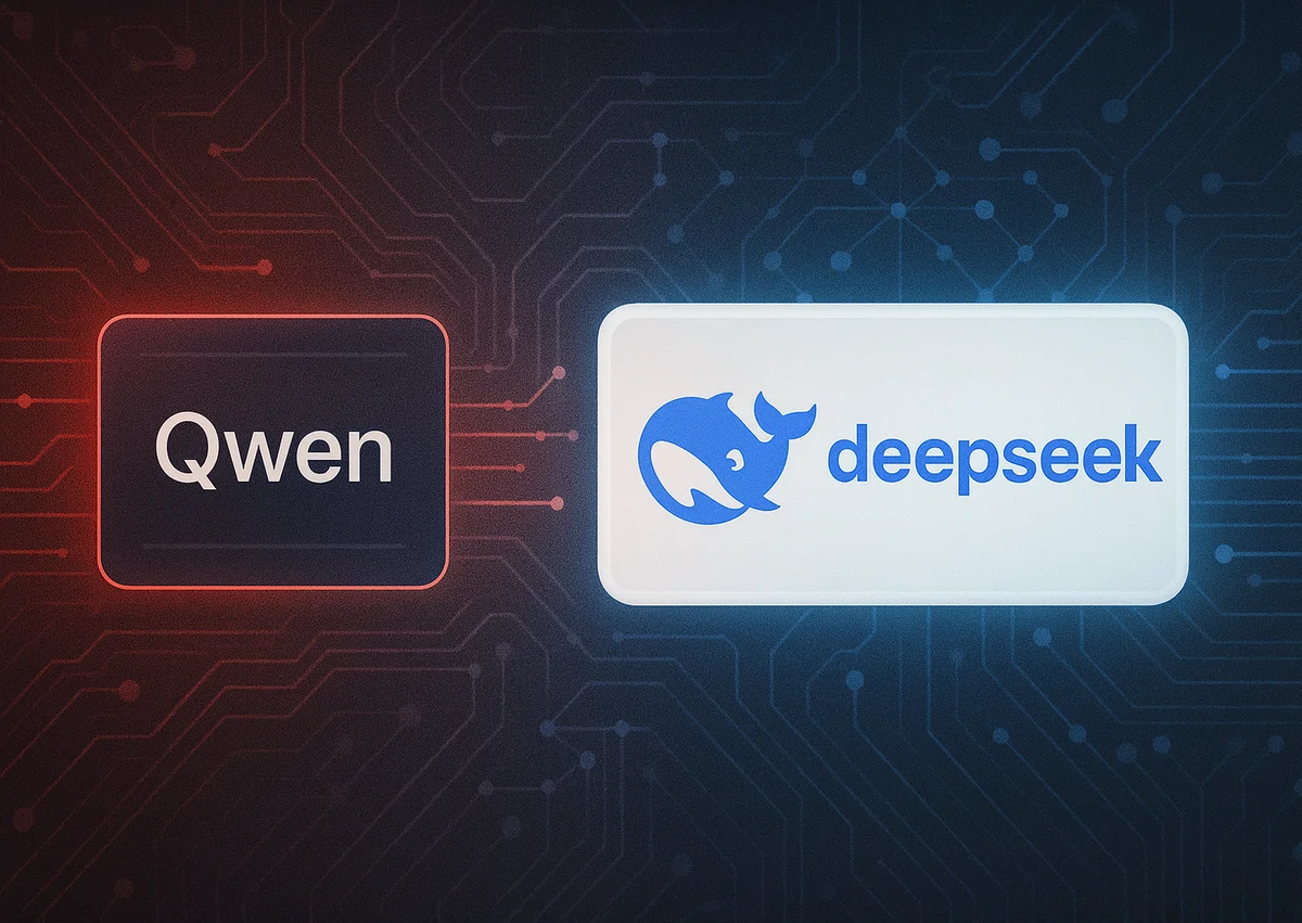 Paneles de IA con Qwen y deepseek sobre fondo de circuitos en tonos rojos y azules