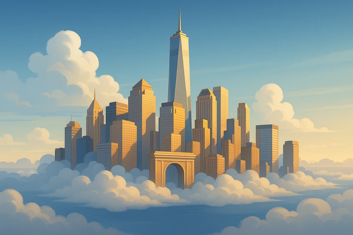 Ciudad futurista flotando entre nubes, con rascacielos iluminados por luz cálida sobre un cielo azul suave