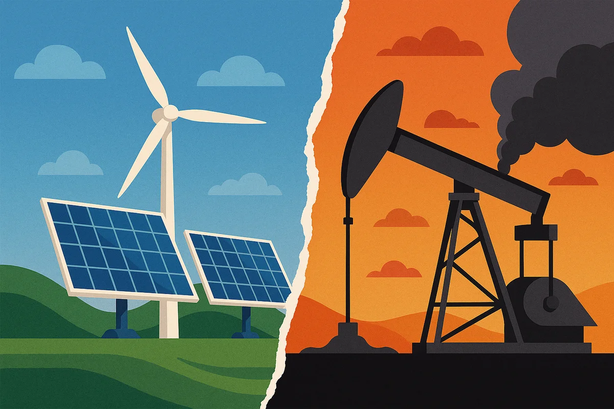 Energías renovables frente a combustibles fósiles en un diseño dividido que contrasta solar y eólica con extracción de petróleo