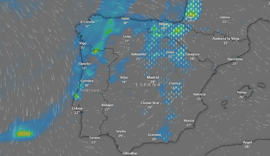 Mapa meteorológico de España con previsión de lluvias y descenso de temperaturas