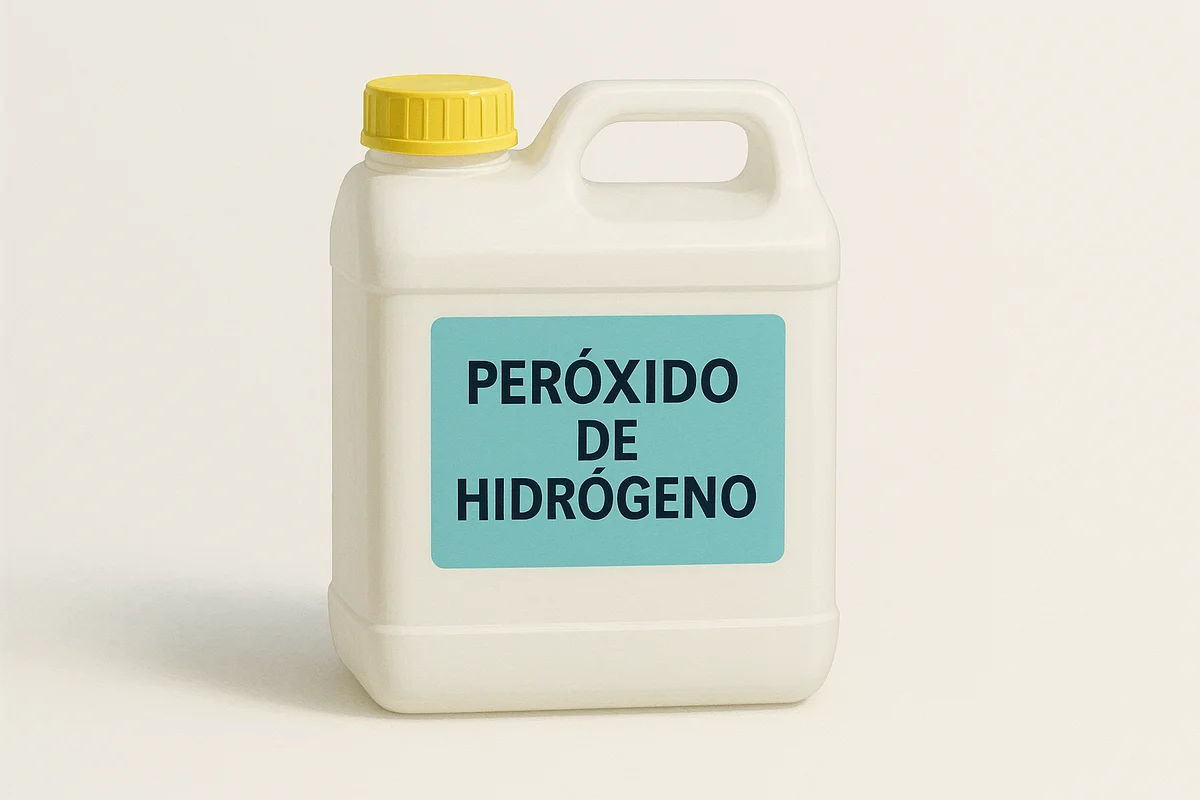 Bidón blanco de peróxido de hidrógeno con tapa amarilla y etiqueta azul