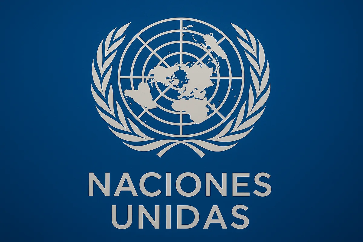 Emblema oficial de las Naciones Unidas acompañado del texto “Organización de las Naciones Unidas” sobre un fondo azul difuminado