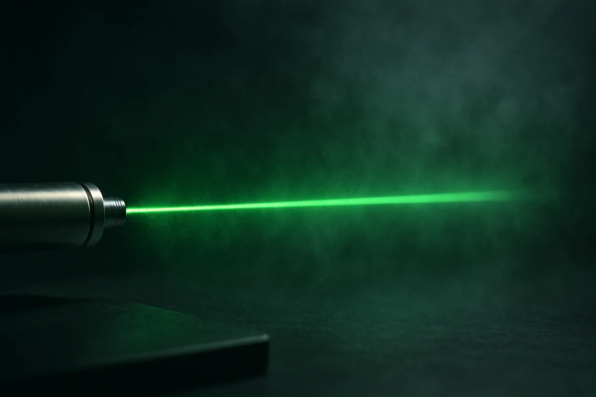 Rayo láser verde delgado atravesando un ambiente con ligera niebla