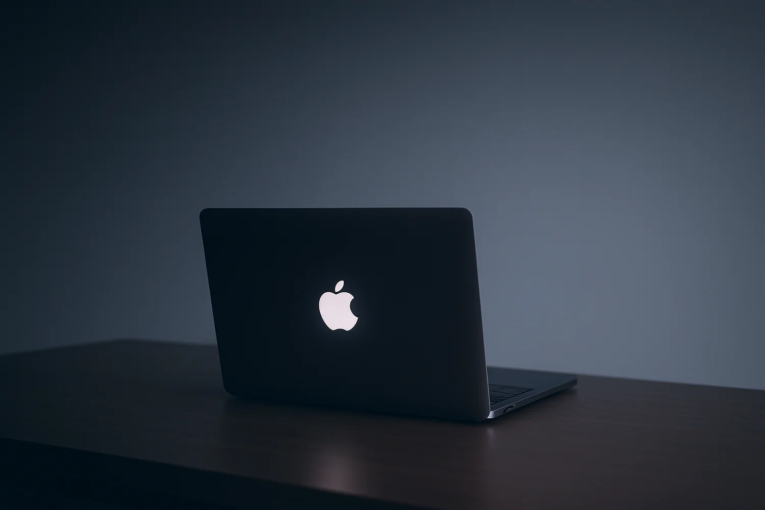 MacBook con el logo iluminado sobre una mesa