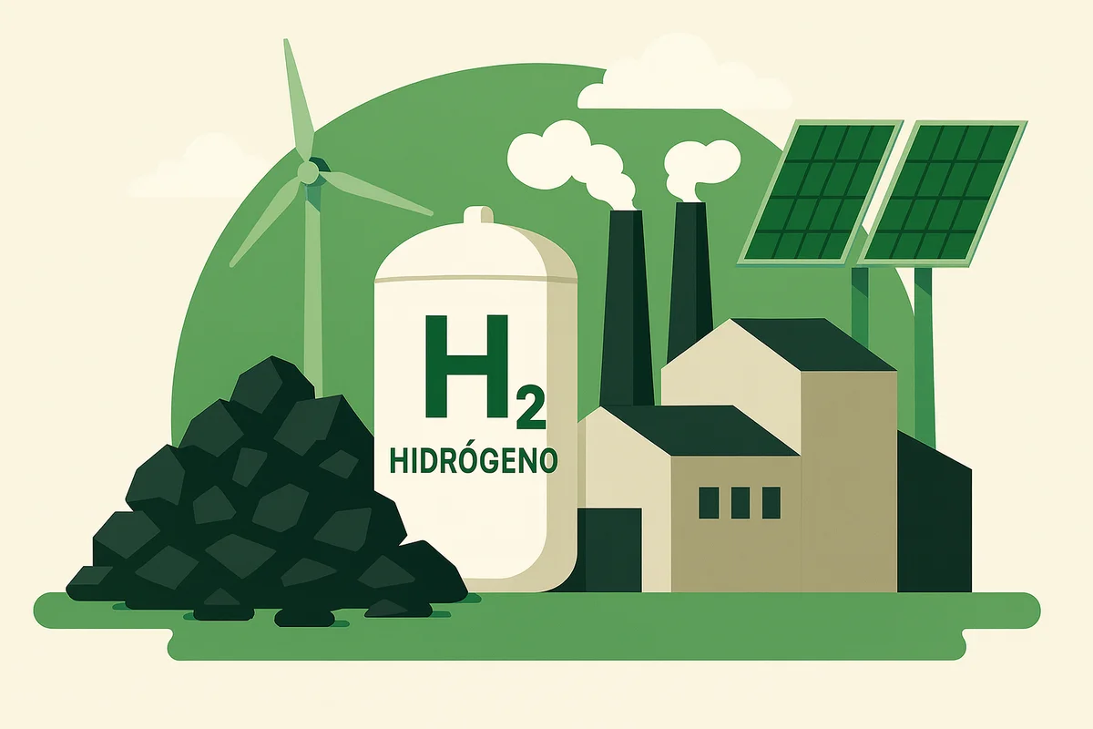 Ilustración de producción de hidrógeno con turbinas eólicas, paneles solares, fábricas y un tanque marcado como H2