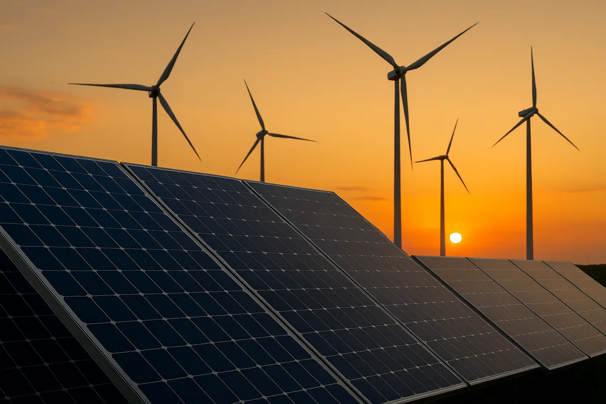 Paneles solares y aerogeneradores al atardecer en un paisaje de energías renovables
