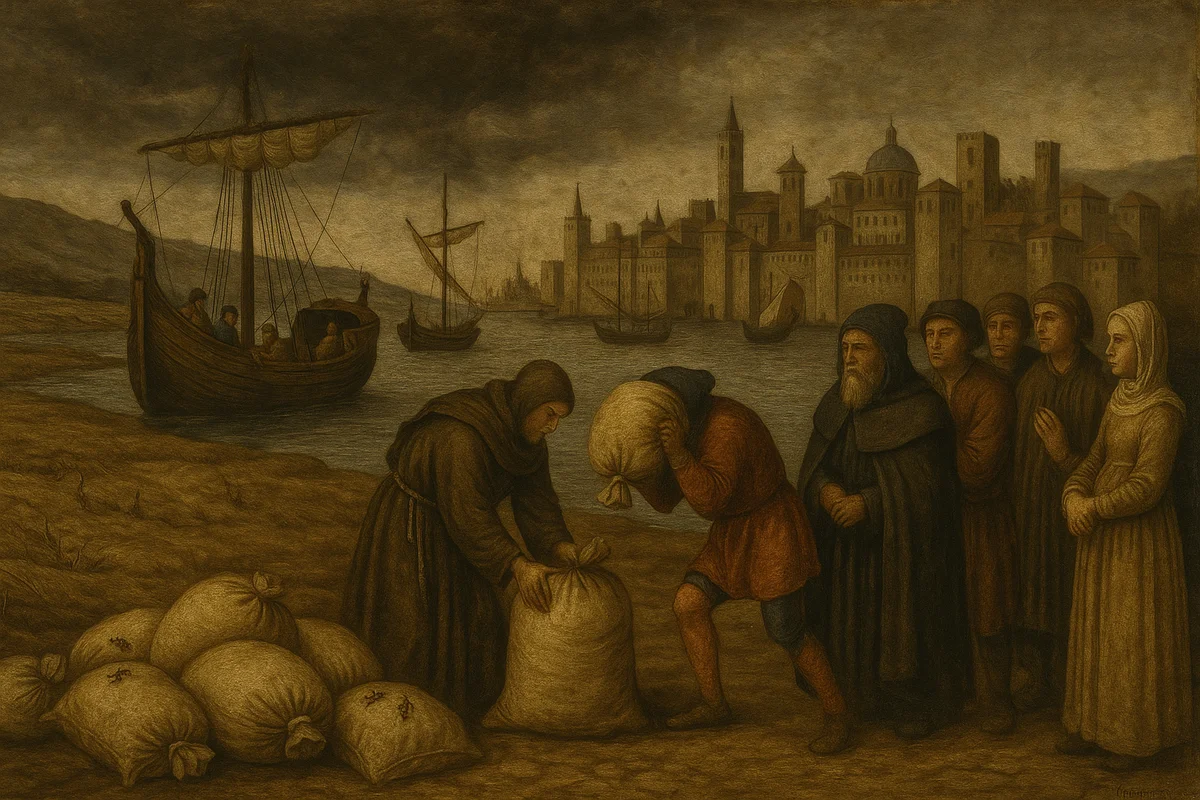 Descarga de sacos de grano desde barcos medievales junto a una ciudad portuaria