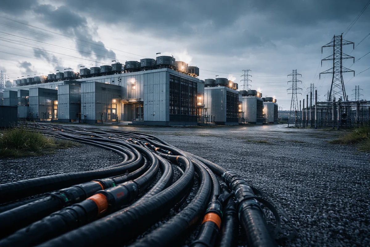 Centro de datos moderno con cables eléctricos y subestaciones