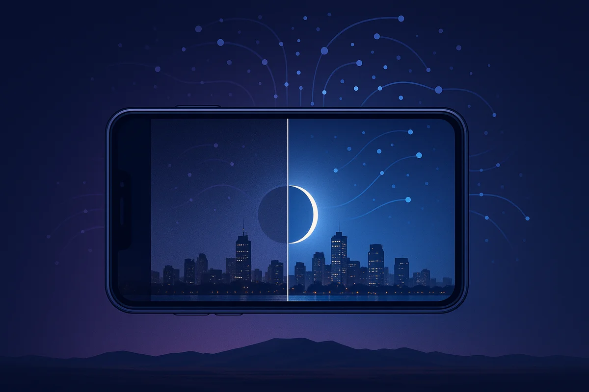 Móvil con una foto dividida entre versión con ruido y versión mejorada por IA