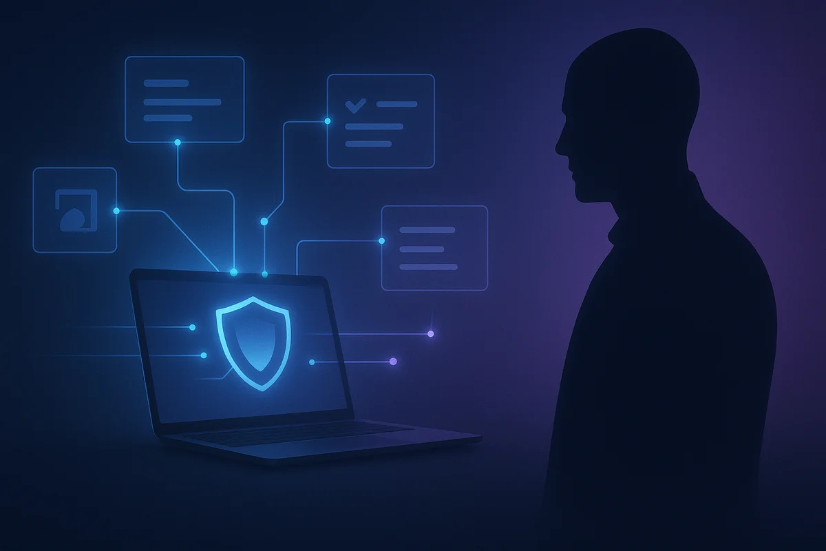 Laptop con ventanas digitales conectadas por líneas luminosas y una figura humana en sombra sobre un fondo azul-púrpura futurista