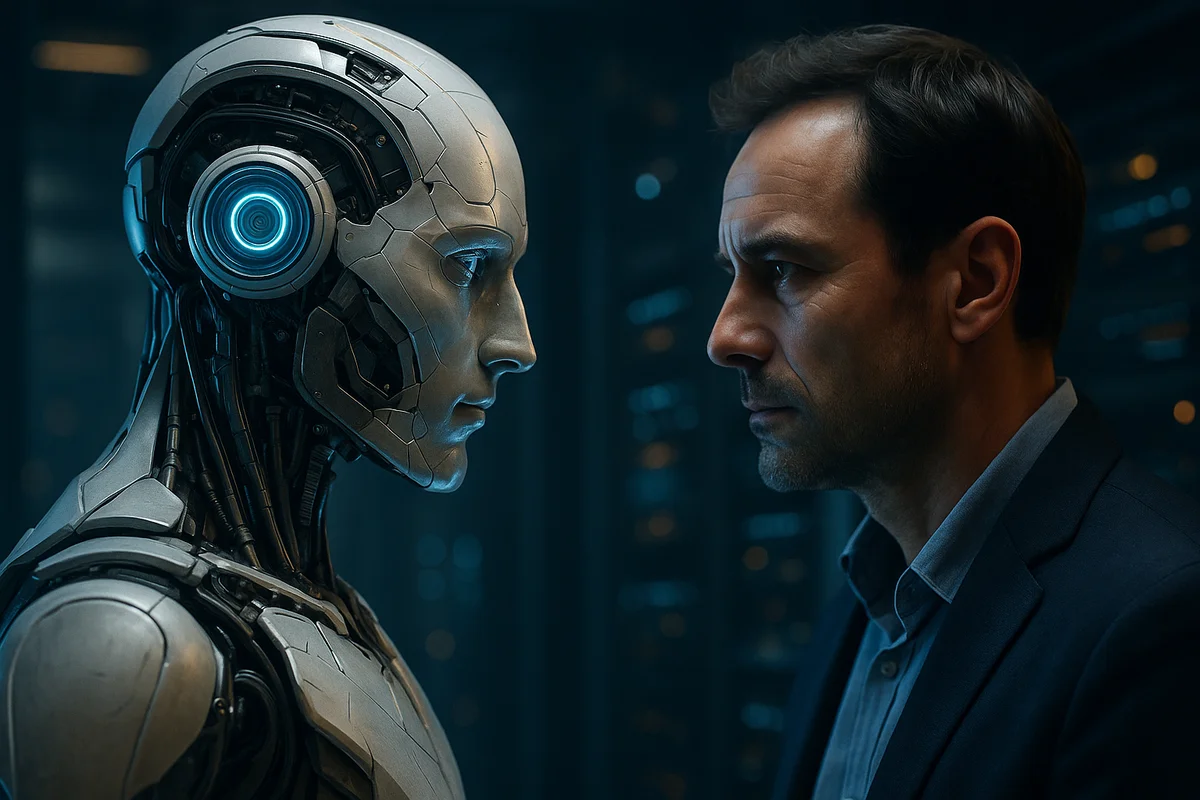 Robot humanoide y un hombre enfrentados en un entorno tecnológico futurista, simbolizando la tensión entre la inteligencia artificial y sus creadores