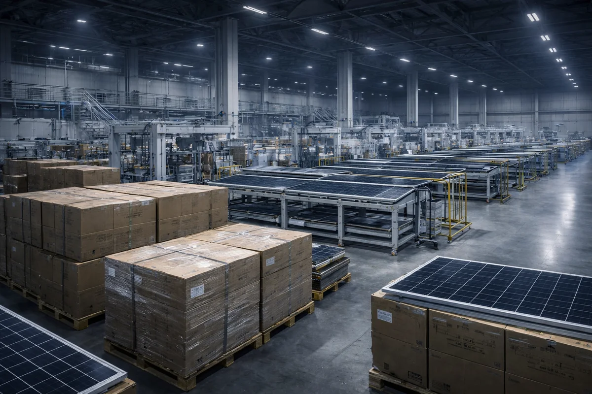 Fábrica industrial de paneles solares con líneas de producción y palés de módulos almacenados